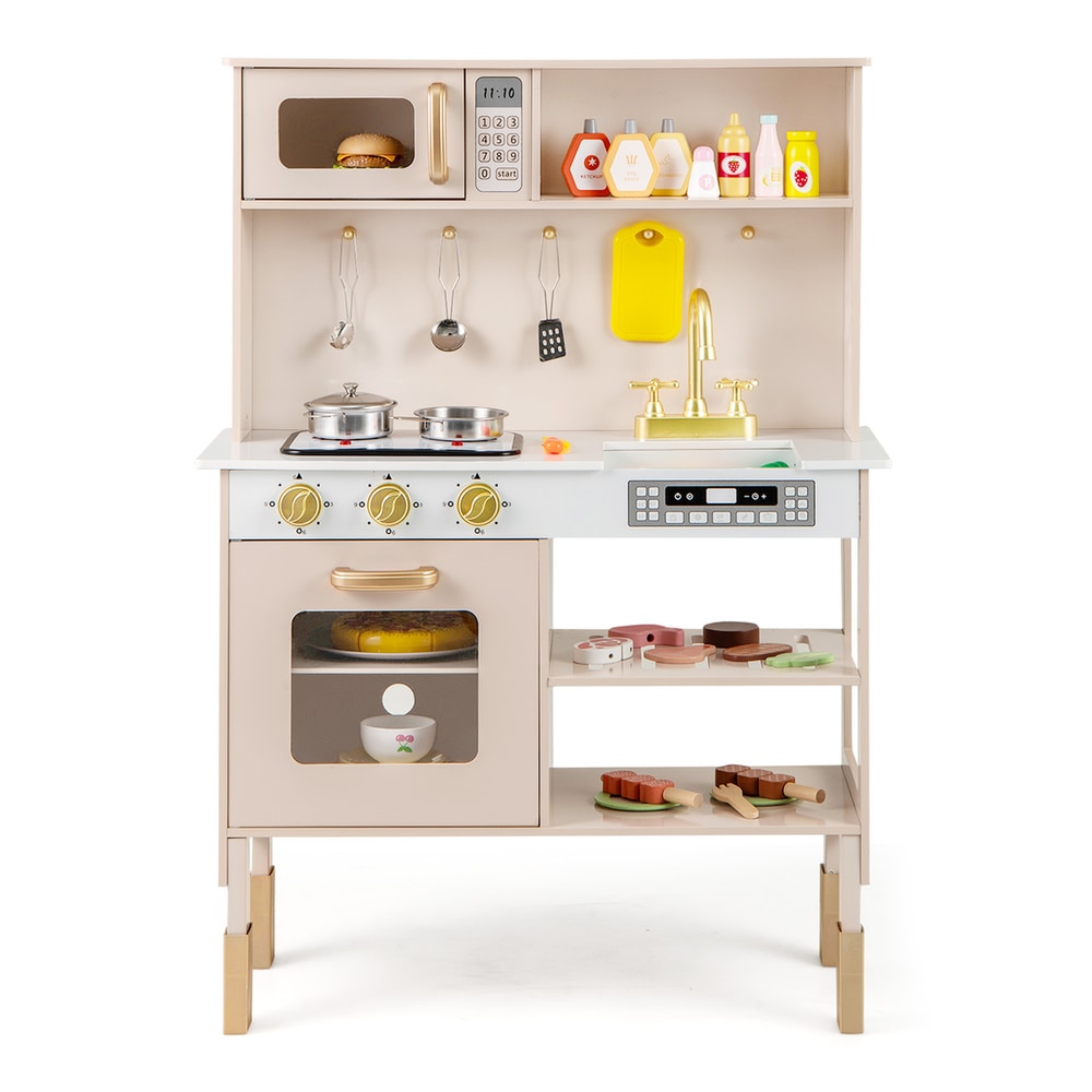 Close up of the pink play kitchen set showing the oven and hob details