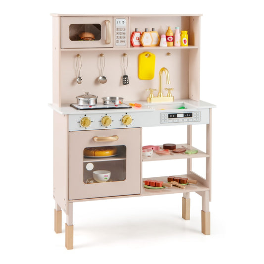Kids Kitchen Playset with stoves, oven, microwave and sink in pink