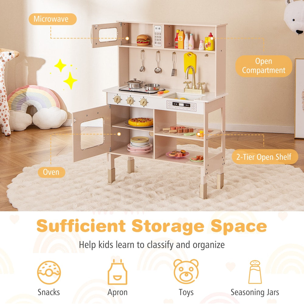 The pink play kitchen set with oven and shelves shown open