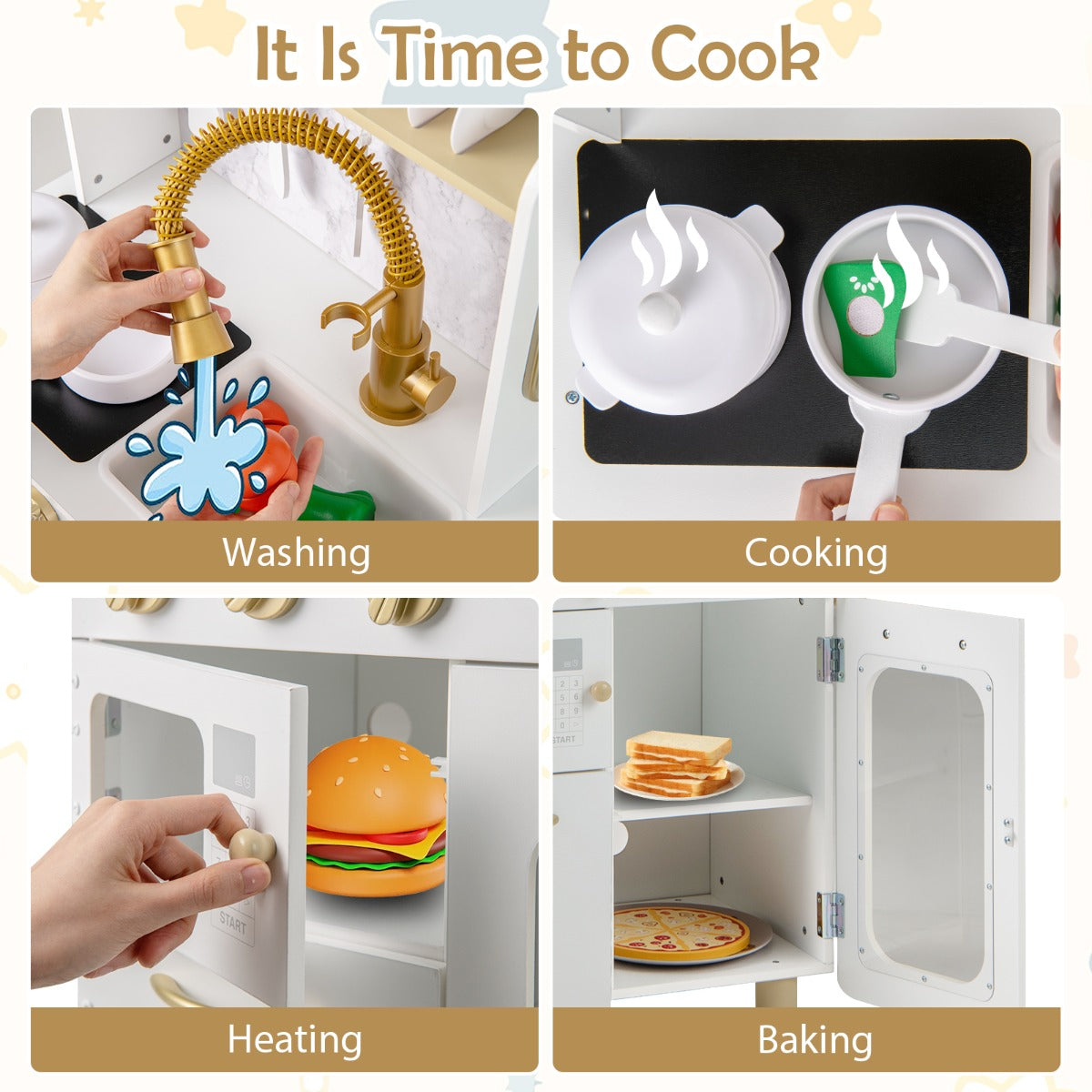 The play kitchen set showing four panels of hands interacting with the sink and appliances