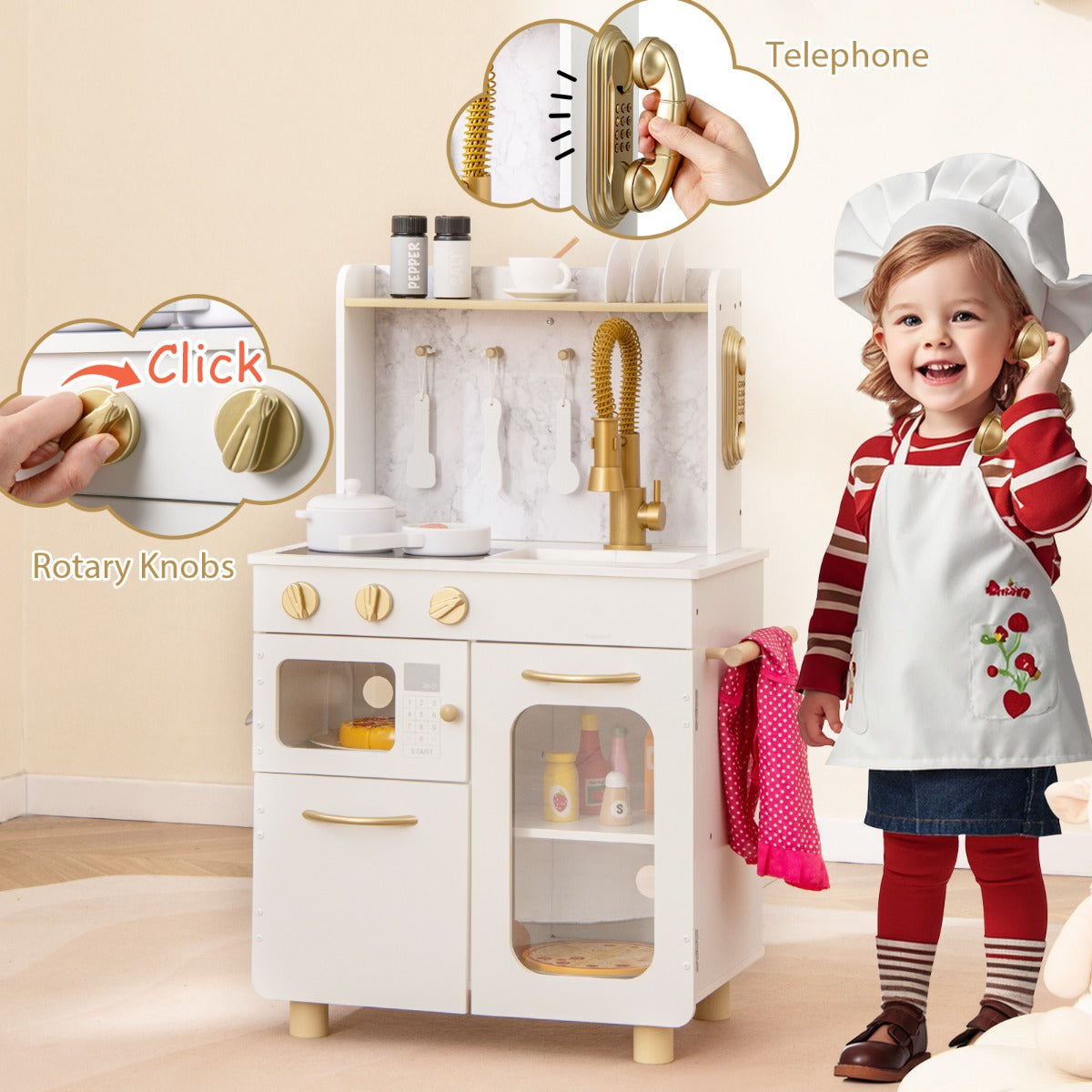 The play kitchen set with a child holding the telephone and close-ups of the rotary knobs