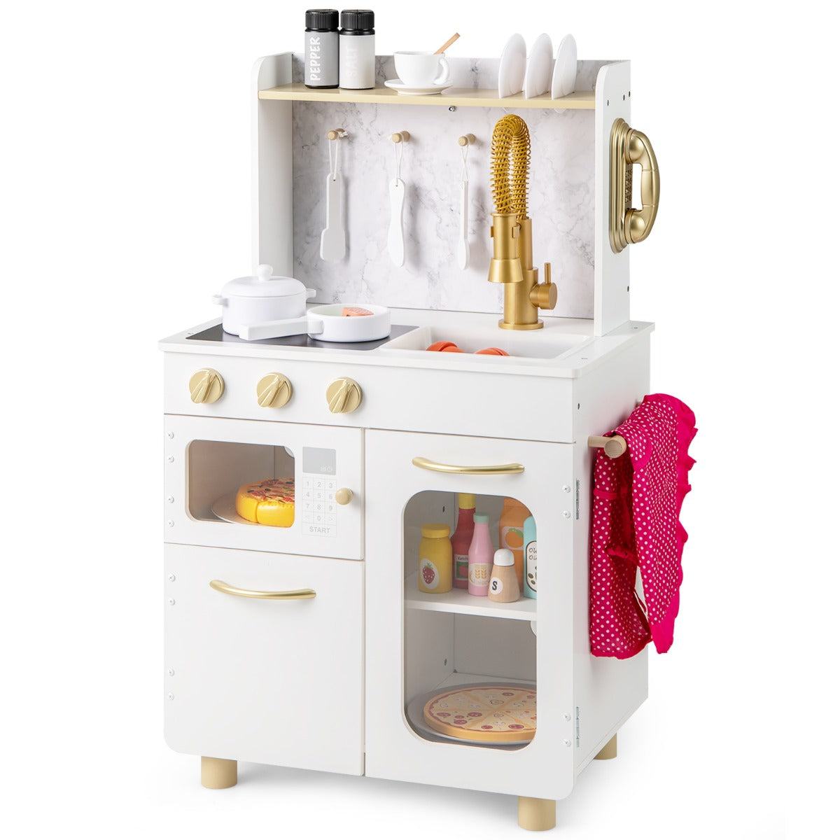 Kids Kitchen Setwith Stoves Faucet Sink Telephone Microwave and Oven in white with gold accents