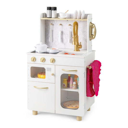 Kids Kitchen Setwith Stoves Faucet Sink Telephone Microwave and Oven in white with gold accents