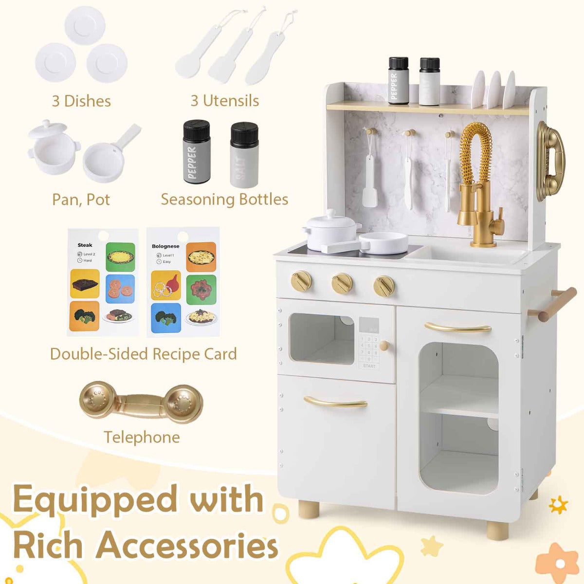 The play kitchen set displayed alongside all the included toy accessories and recipe cards