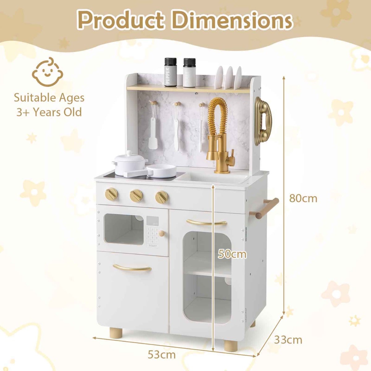 The play kitchen set with labels showing the height and width dimensions in centimetres