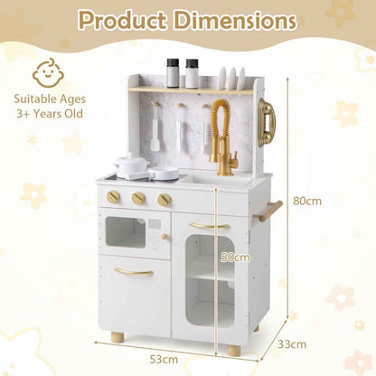 The play kitchen set with labels showing the height and width dimensions in centimetres