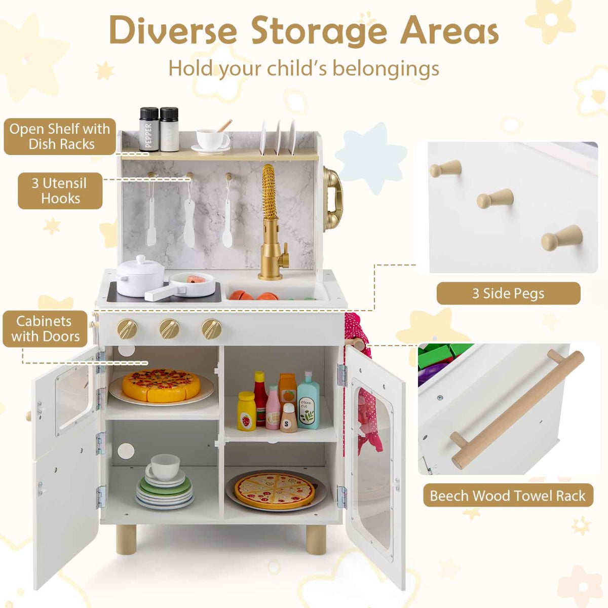The play kitchen set with doors open to reveal storage areas and the side towel rack