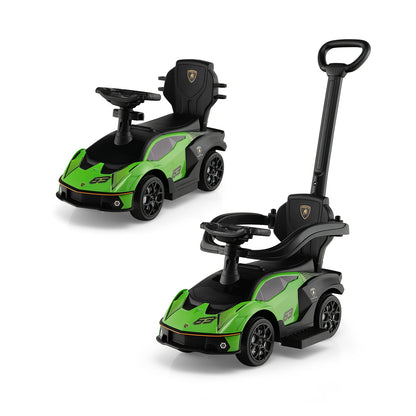 Kids Licensed Lamborghini Ride on Car with Push Handle in green and black with steering wheel and parent handle