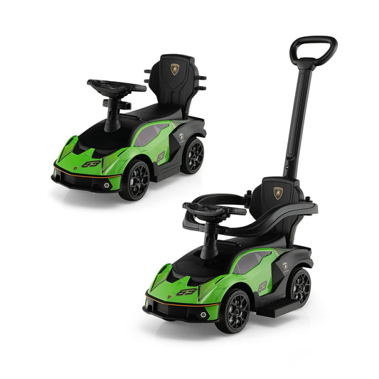 Kids Licensed Lamborghini Ride on Car with Push Handle in green and black with steering wheel and parent handle