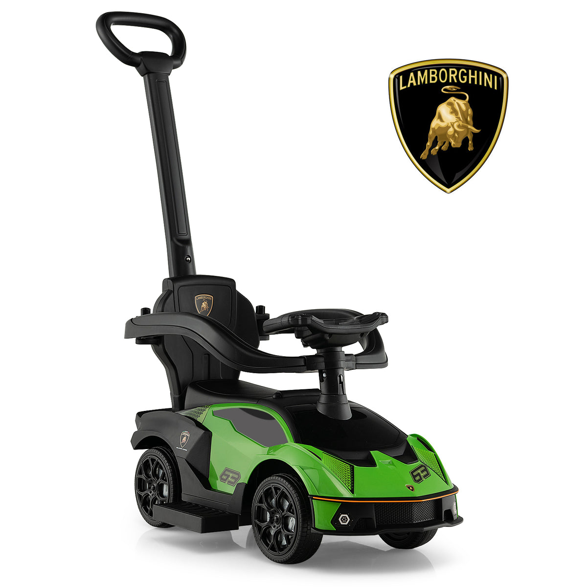 The green ride on car with a parent handle and the Lamborghini logo