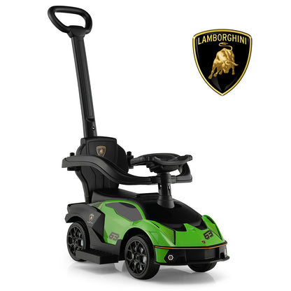 The green ride on car with a parent handle and the Lamborghini logo