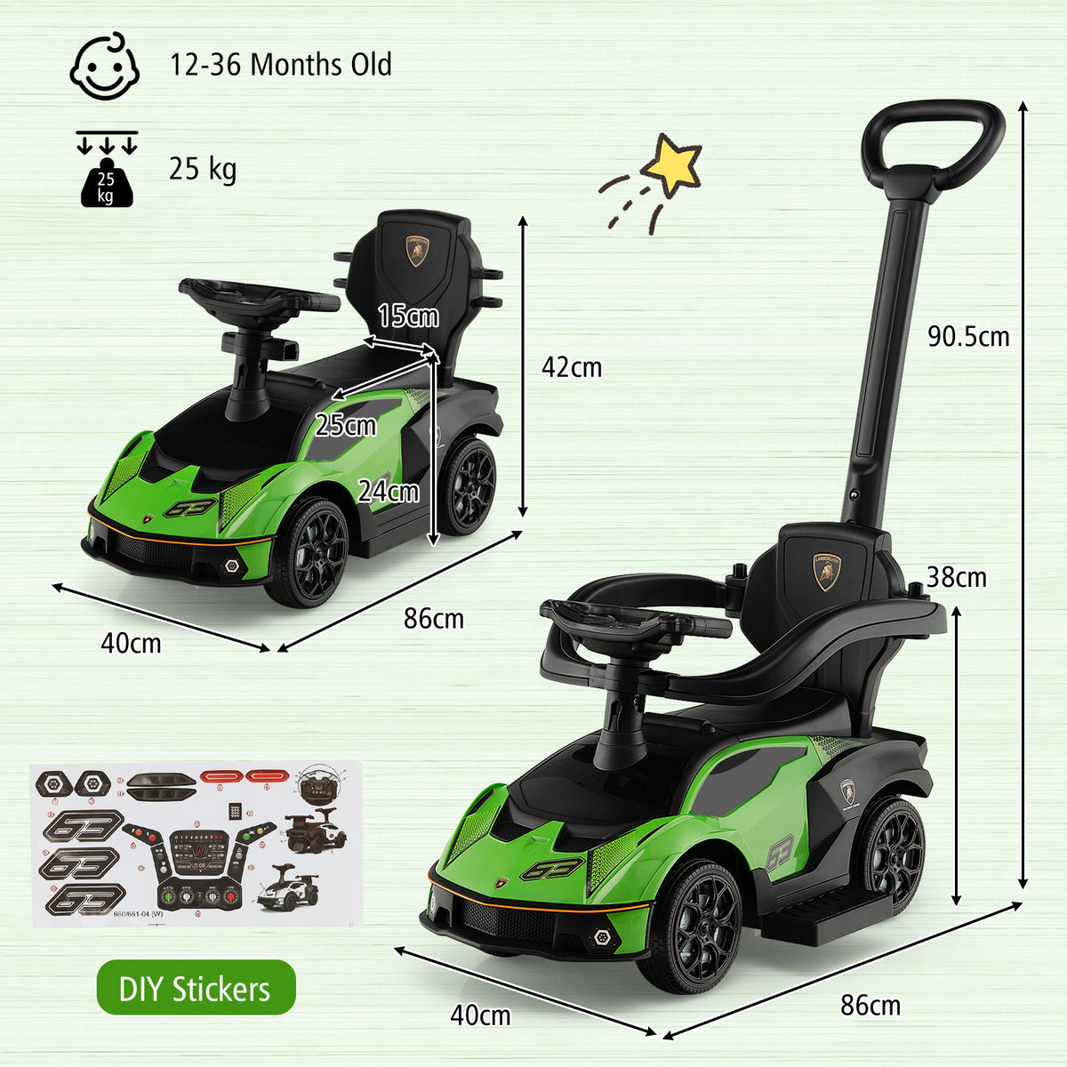 The green ride on car with dimensions and sticker sheet shown