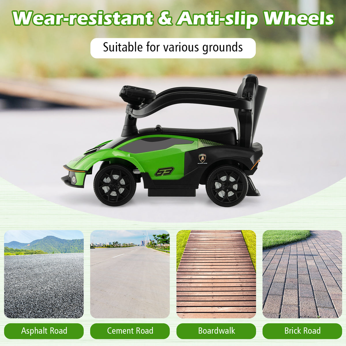 The green ride on car shown on different surfaces with text about wheels