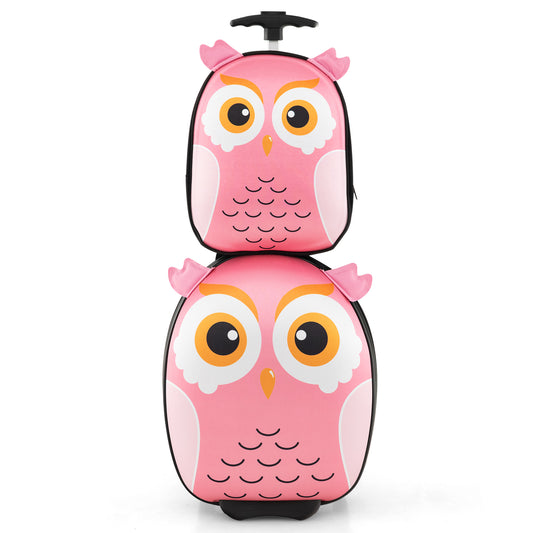 Kids Luggage Set with a pink owl carry-on suitcase and matching backpack stacked