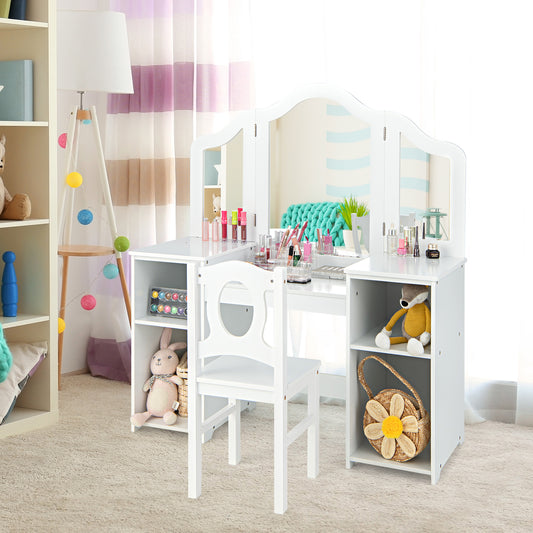 The vanity table is set up with makeup and accessories, showing the mirror and shelves