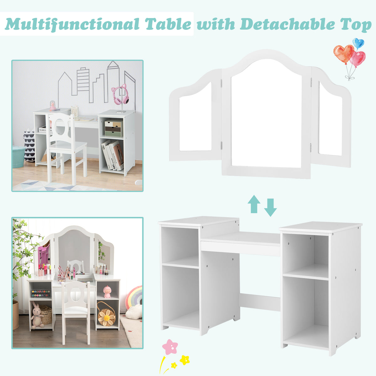 This kids vanity set is shown with a detachable top and side shelves