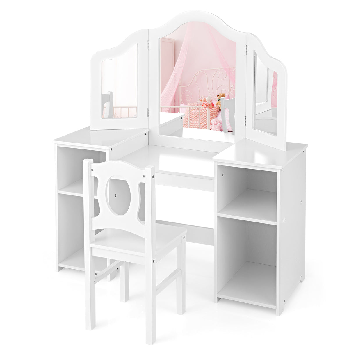 Kids Makeup Desk and Chair Set with tri-folding mirror and side shelves