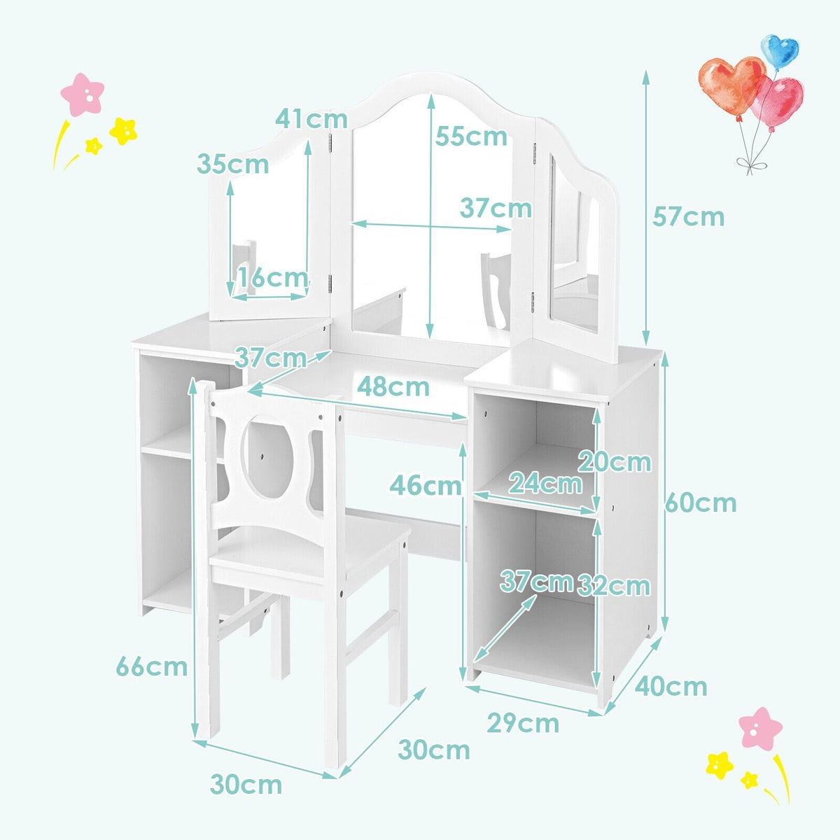 A diagram showing the dimensions of the kids vanity table and chair set
