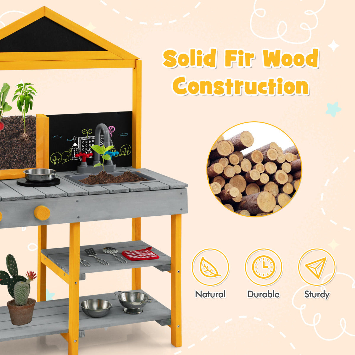 Close up of the solid fir wood construction of the outdoor kitchen playset