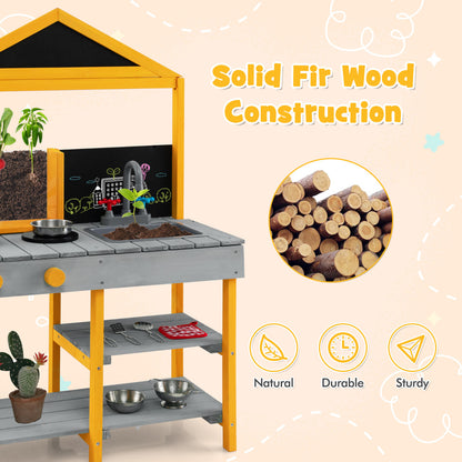Close up of the solid fir wood construction of the outdoor kitchen playset
