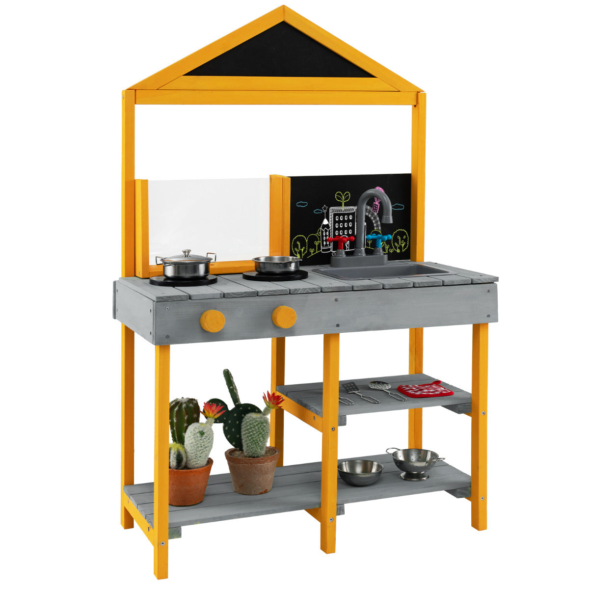Kids Mud Kitchen Outdoor Kitchen Playset with educational plant viewer in grey and yellow