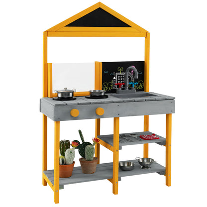 Kids Mud Kitchen Outdoor Kitchen Playset with educational plant viewer in grey and yellow