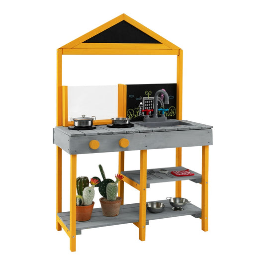 Kids Mud Kitchen Outdoor Kitchen Playset with educational plant viewer in grey and yellow