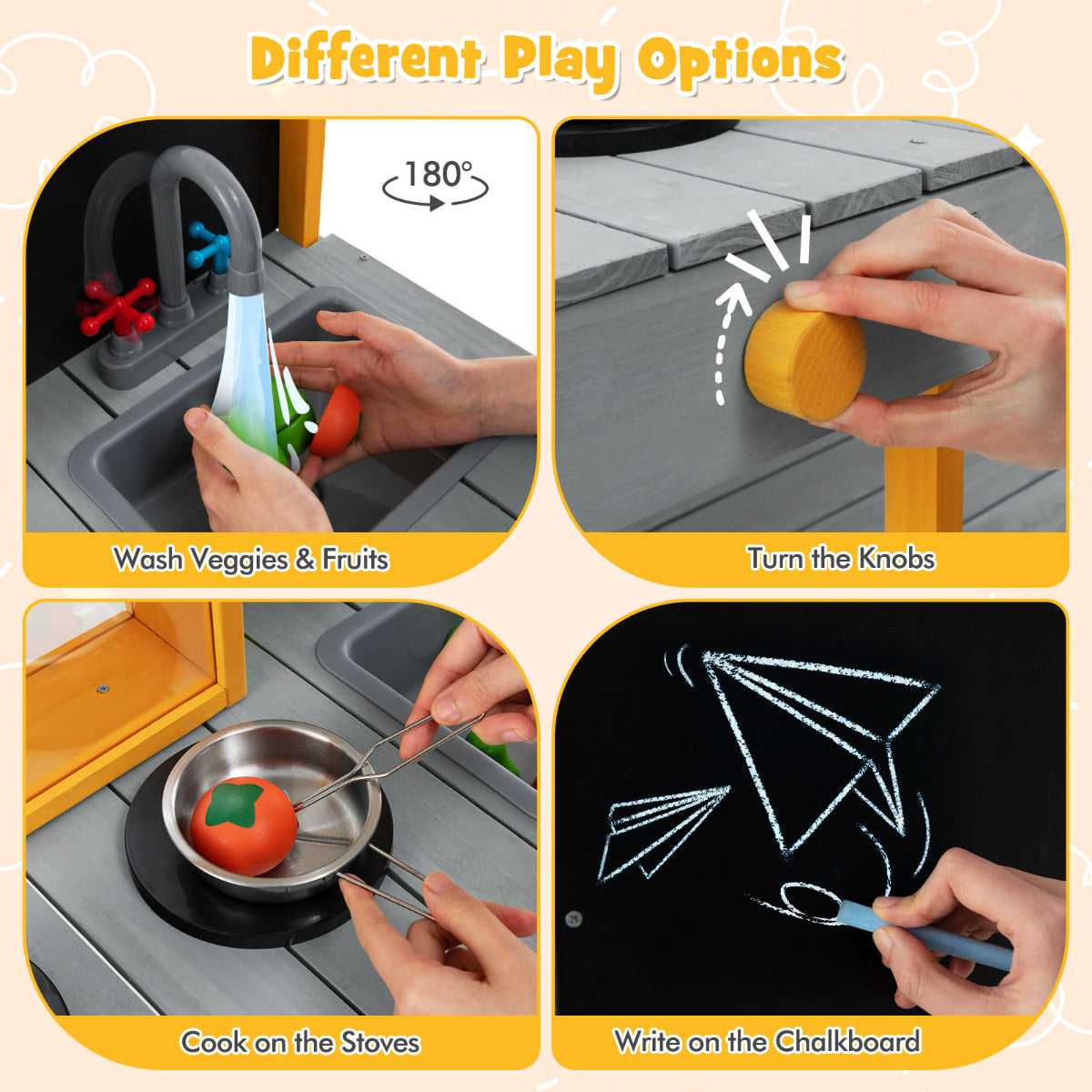 Different play options for the outdoor kitchen playset including washing, cooking and drawing