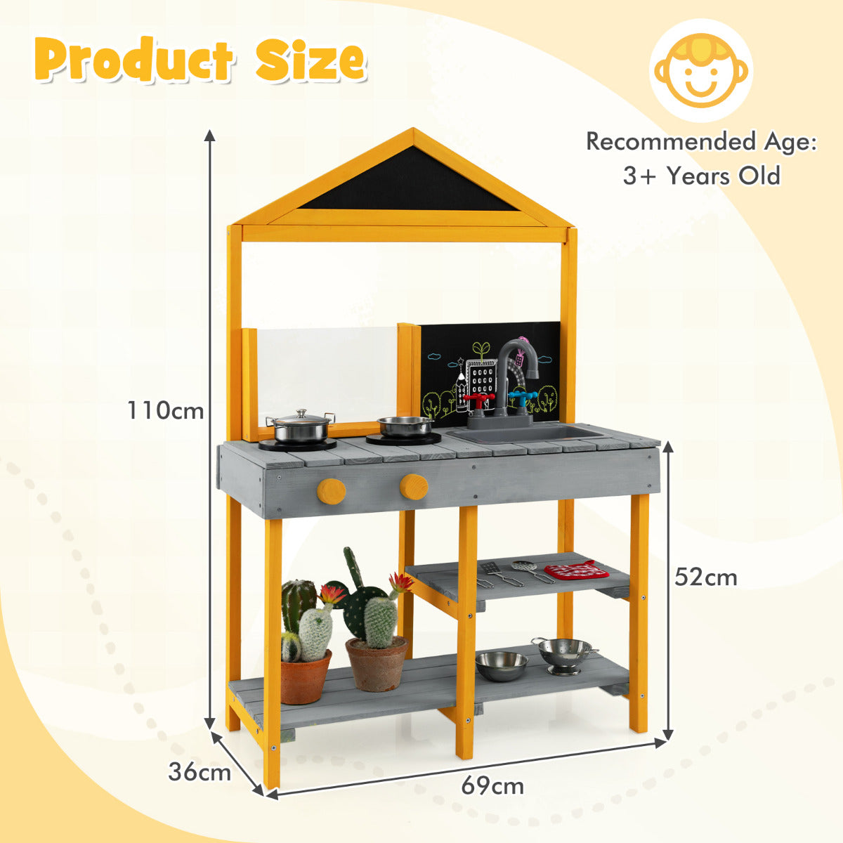 Product size diagram showing dimensions of the grey and yellow outdoor kitchen playset