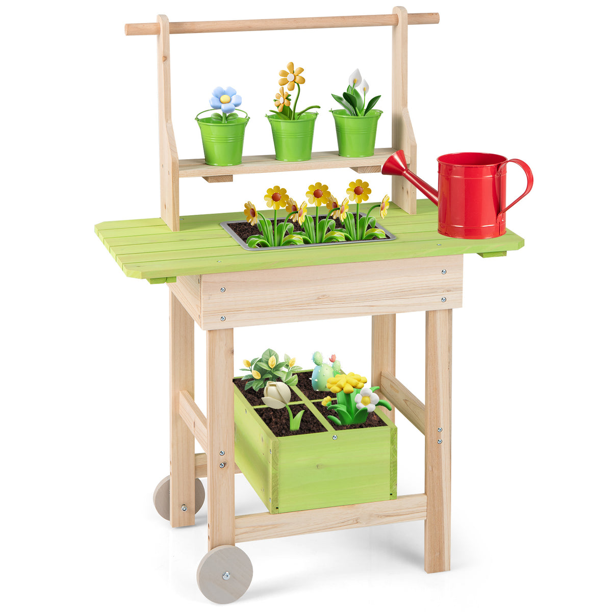 Kids Mud Kitchen Outdoor Play Pretend Kitchen with green pots and a red watering can on white background