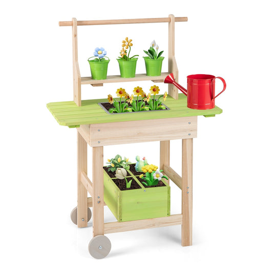 Kids Mud Kitchen Outdoor Play Pretend Kitchen with green pots and a red watering can on white background