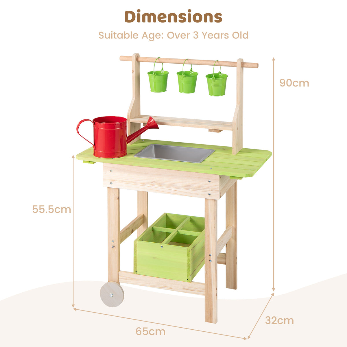 The play kitchen set showing height and width dimensions with text labels on a white background