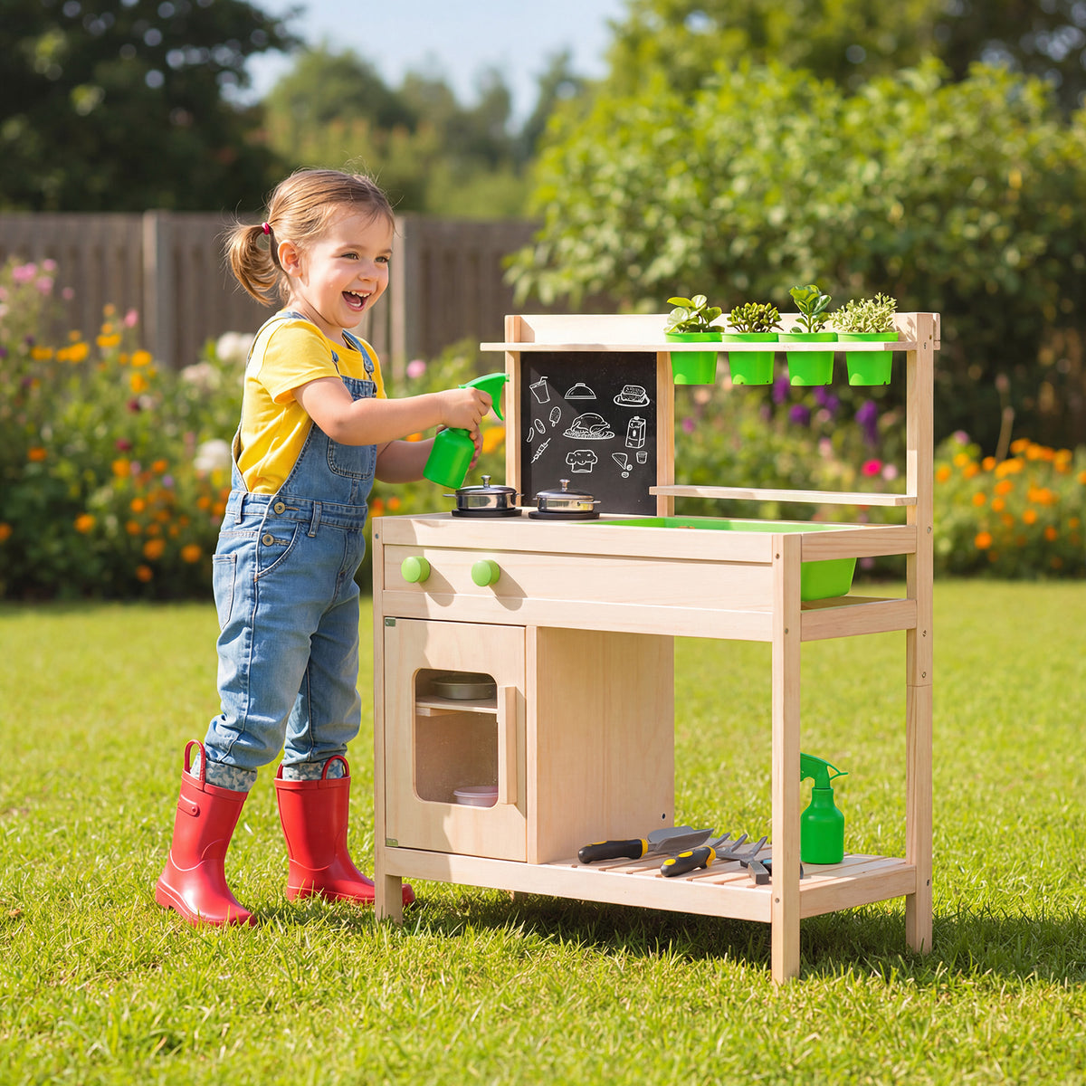 A young girl playing with the wooden play kitchen set in a sunny garden