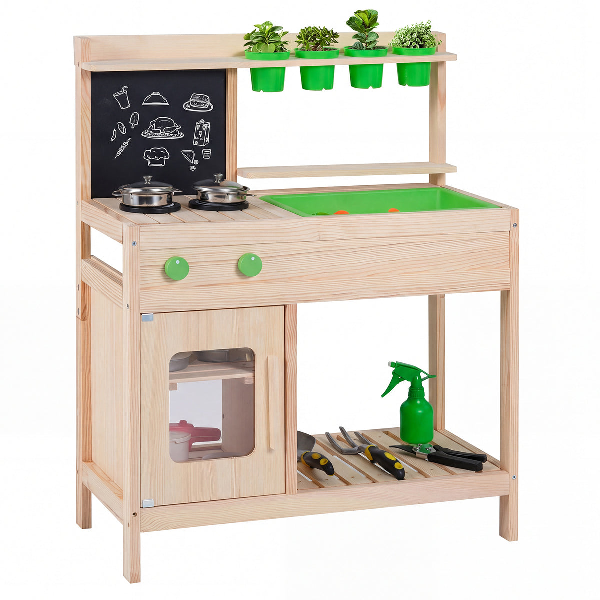 Kids Mud Kitchen Play Pretend Kitchen with chalkboard, green pots and garden tools on a shelf
