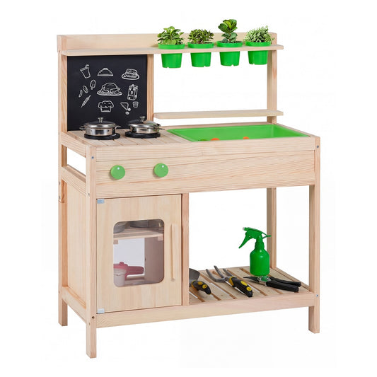 Kids Mud Kitchen Play Pretend Kitchen with chalkboard, green pots and garden tools on a shelf