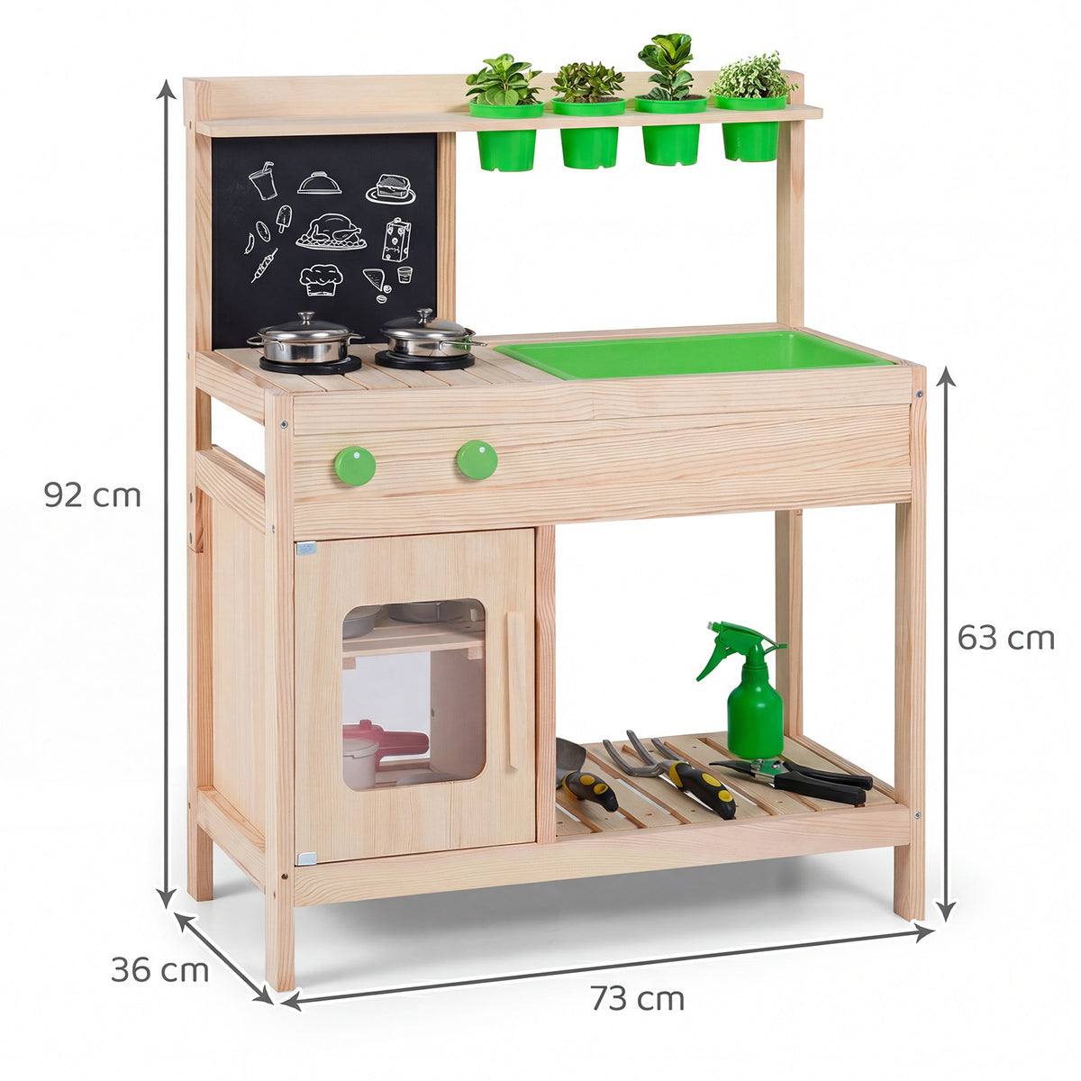 The play kitchen set showing height, width and depth measurements on a white background