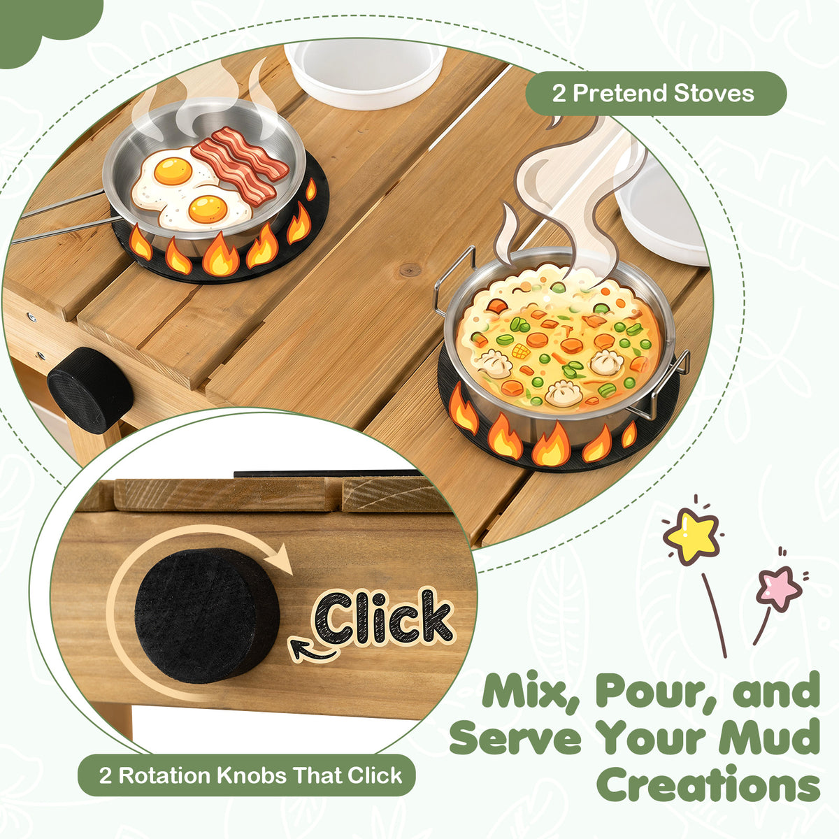 Close up of the play kitchen knobs and pretend stove tops with food