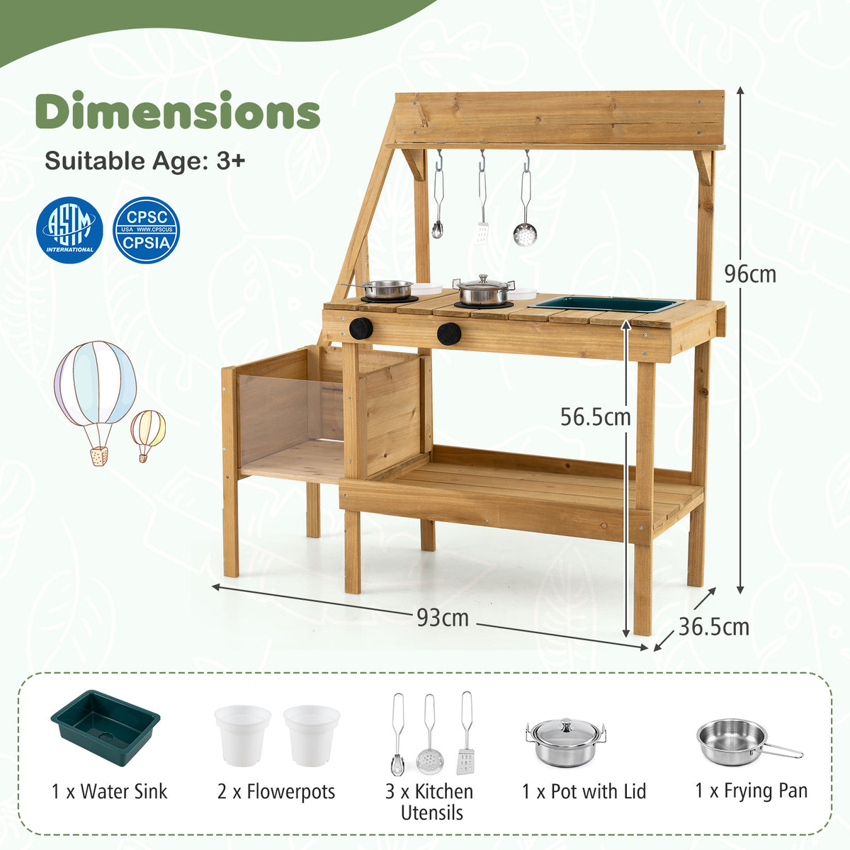 Dimensions diagram for the kids play kitchen set, showing height and width measurements