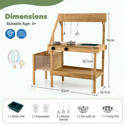 Dimensions diagram for the kids play kitchen set, showing height and width measurements