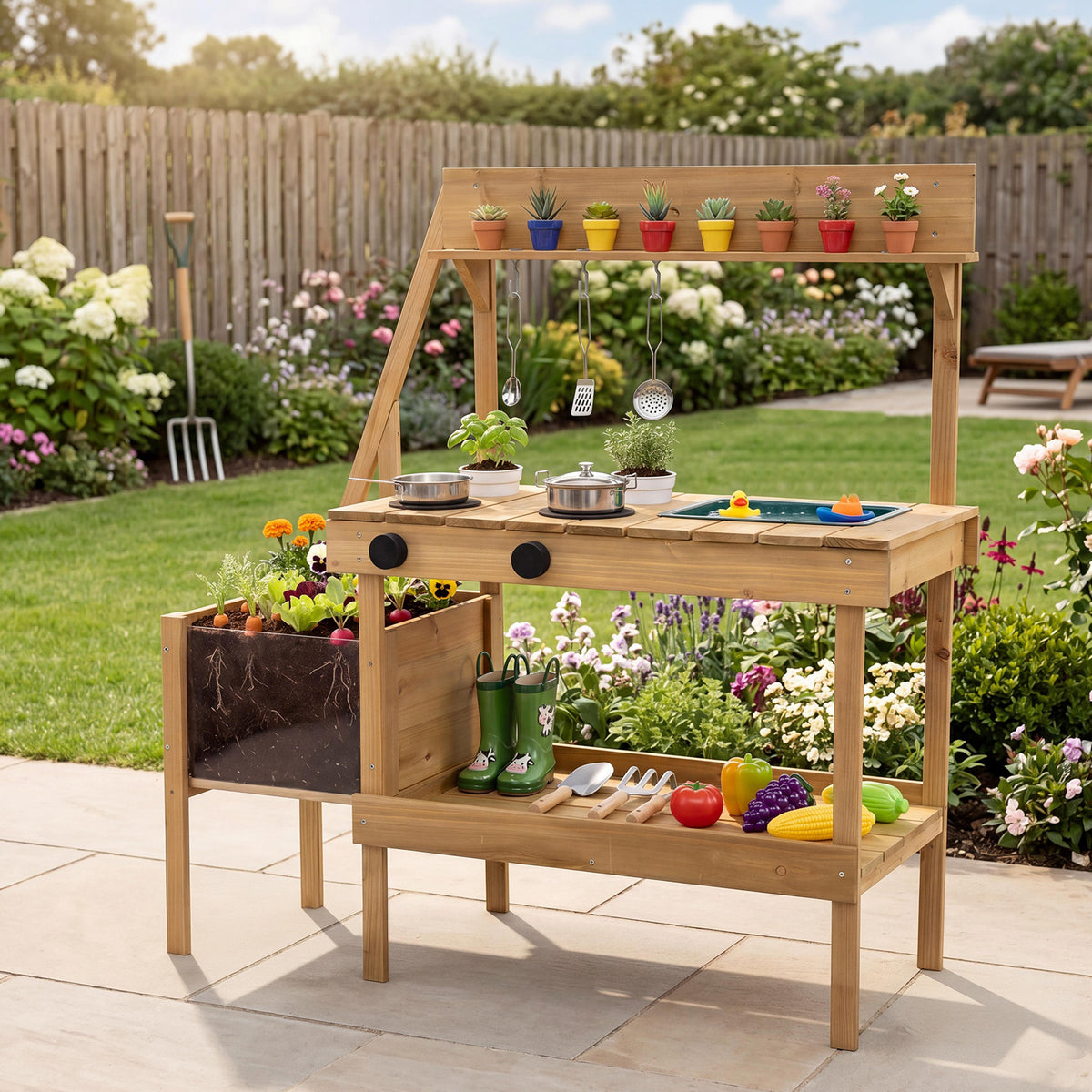 The wooden play kitchen set with planter box is shown outdoors in a garden setting