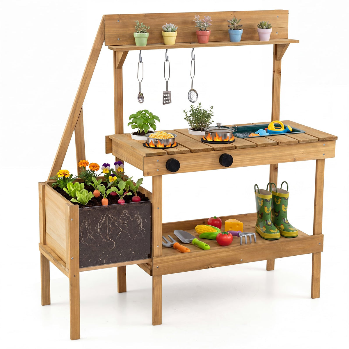 Kids Mud Kitchen with planter box and accessories, showing the main unit with pots on top and utensils hanging