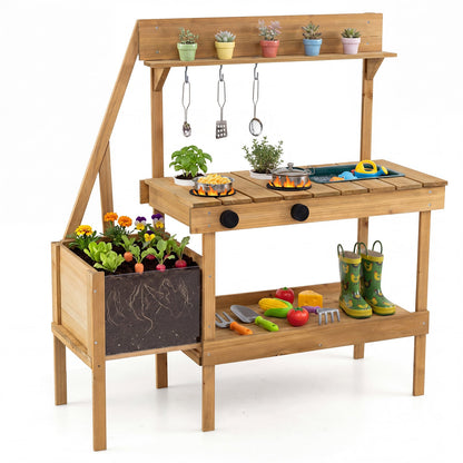 Kids Mud Kitchen with planter box and accessories, showing the main unit with pots on top and utensils hanging