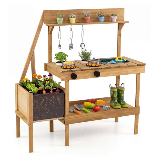 Kids Mud Kitchen with planter box and accessories, showing the main unit with pots on top and utensils hanging