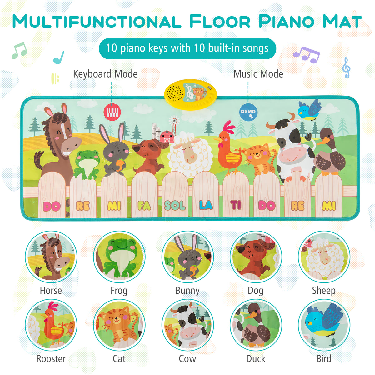 The musical floor mat displaying the various animal characters and keyboard layout