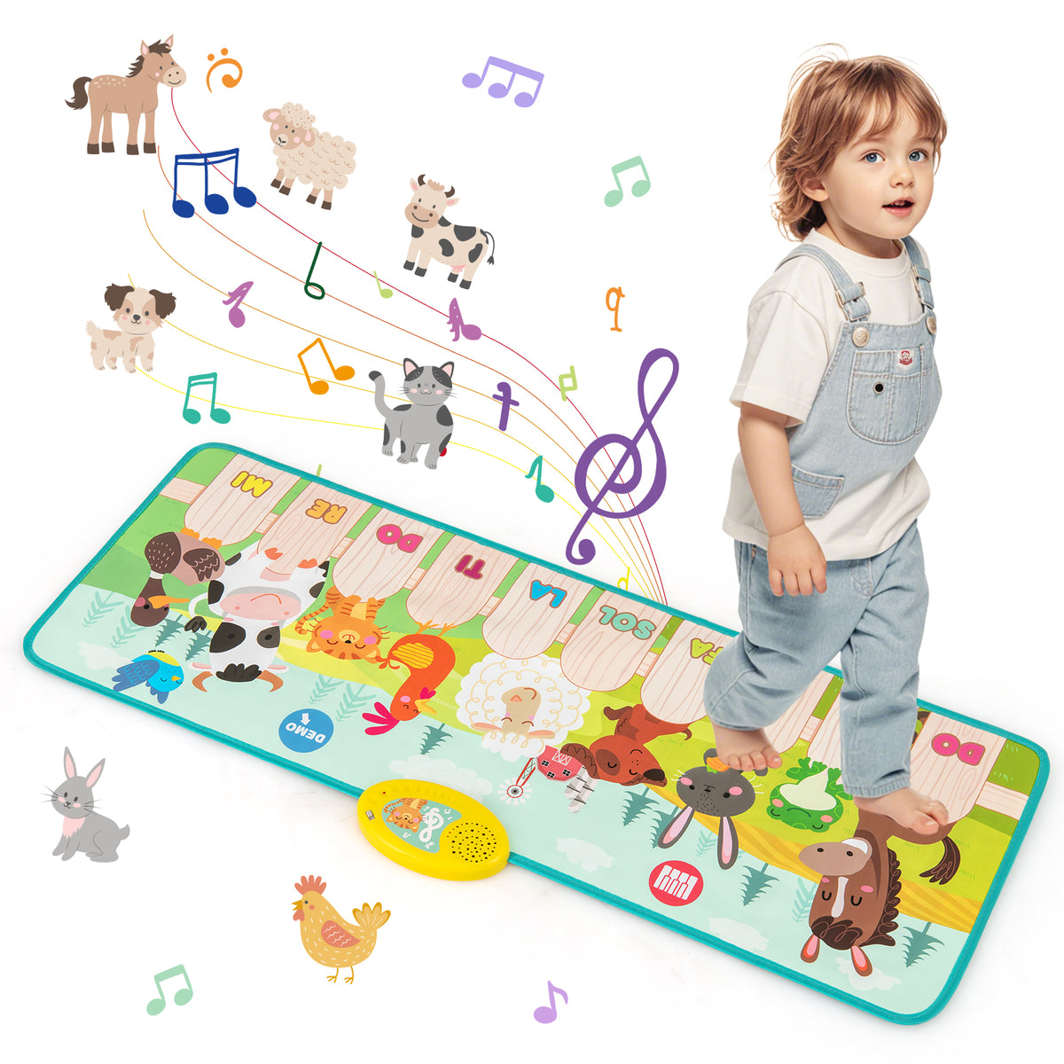 Kids Musical Animal Farm Mat with a toddler walking on the colourful piano keys