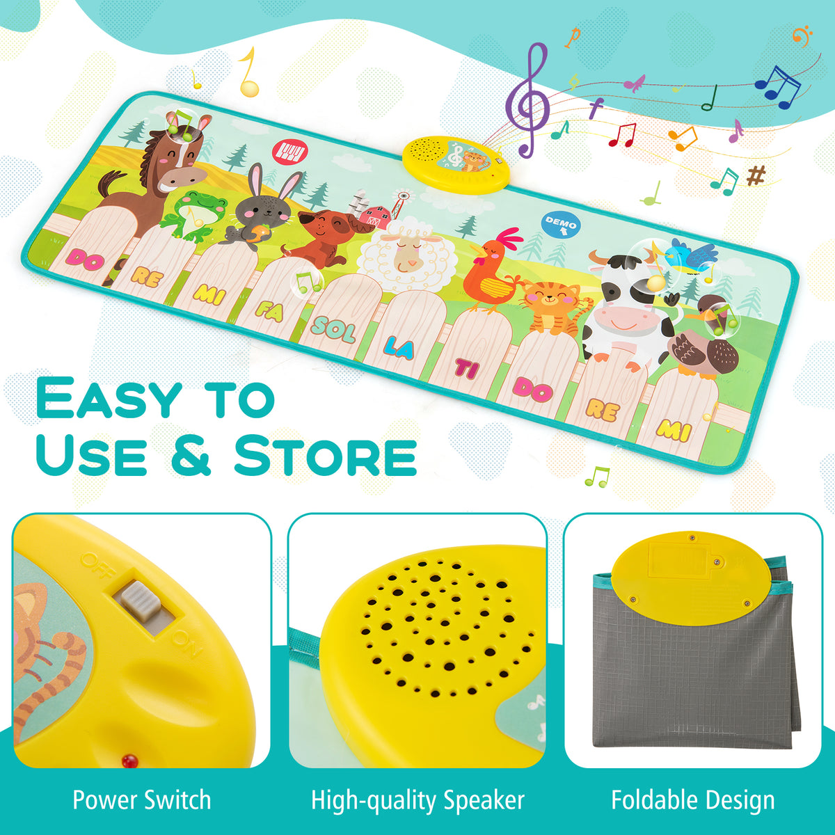 The musical floor mat showing the power switch, speaker and foldable design features