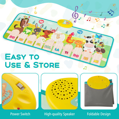 The musical floor mat showing the power switch, speaker and foldable design features