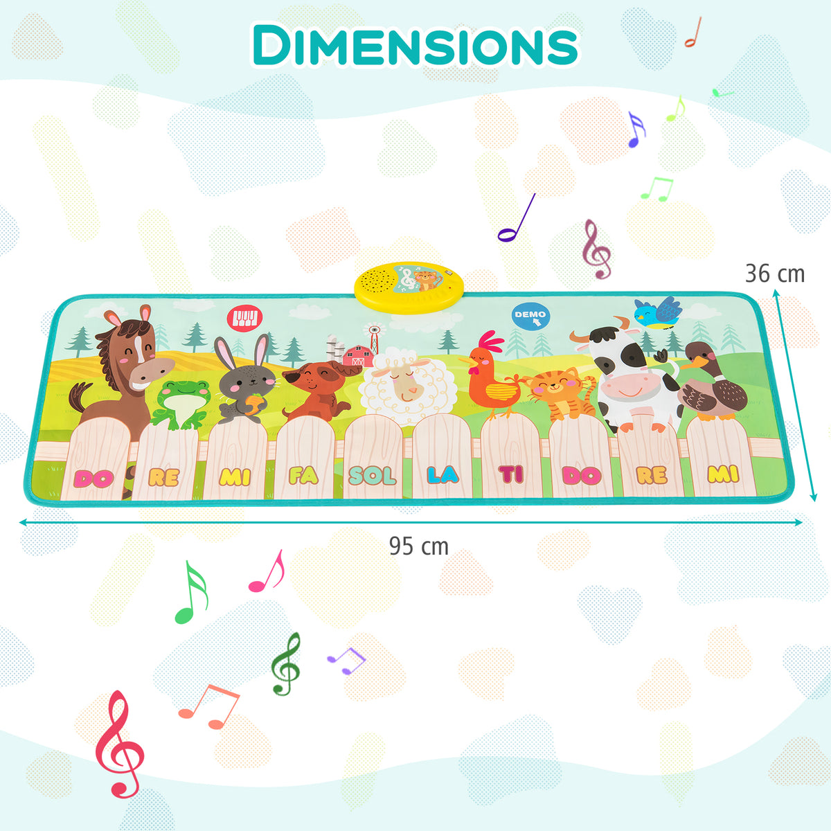 The musical floor mat shown with a diagram indicating its overall length and width
