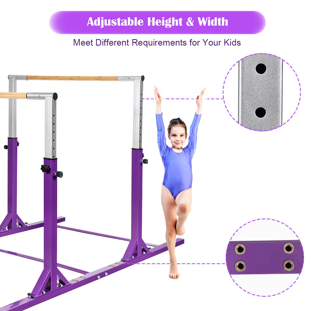 Close up of the purple kids parallel gymnastics bar adjustment points