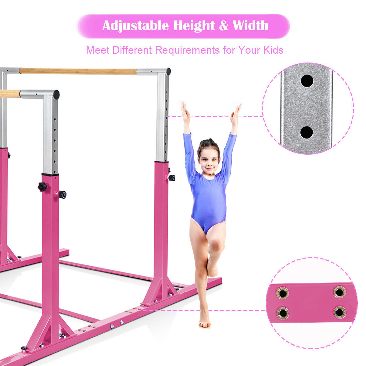 Close up of the adjustable height mechanism on the pink parallel bar